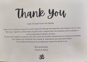 Athiya Shetty and KL Rahul Join Privacy Trend, Request Media to Refrain from Photographing Daughter.